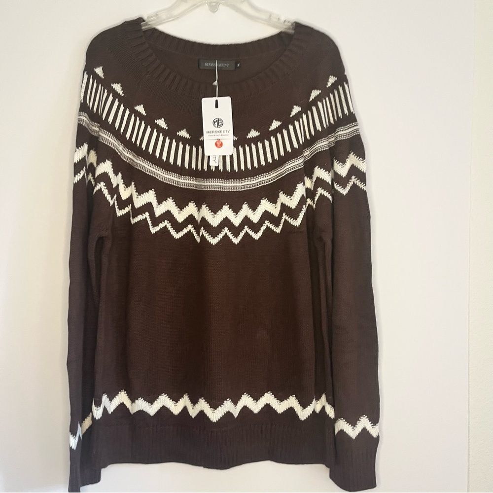 NWT Brown White Crewneck Block Sweater Long Sleeve Knitted Womens XL Oversized - Picture 2 of 11
